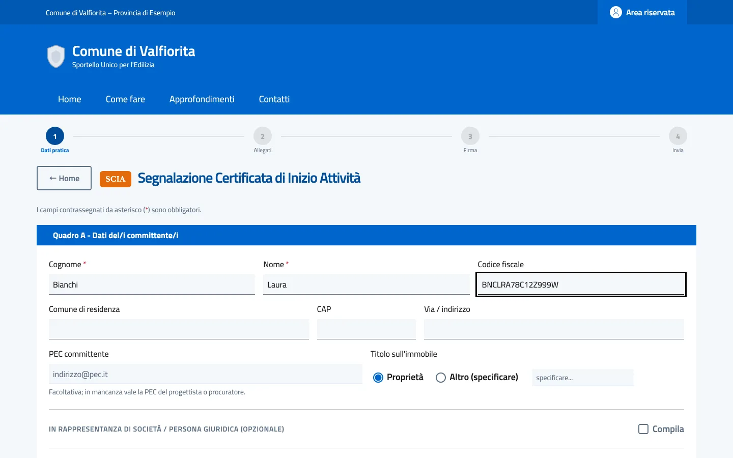 Primo passo del modulo di presentazione di una SCIA: dati del committente